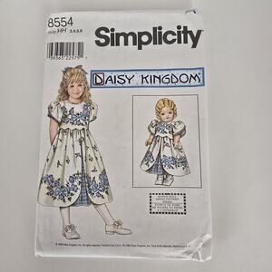 1998 Daisy Kingdom sewing pattern Simplicity 8554 girls dresses 3-6 18 Doll Cut